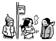 Illustration of cold people at bus stop