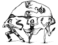 Illustration of dancers holding up a sheet with Shakespeare's image