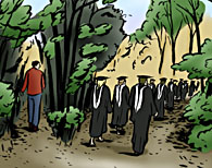Illustration of graduates followin one path and a non-graduate choosing another