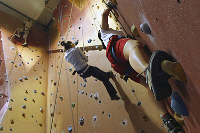 Climb every mountain? Department of Psychology's research assistant Matthew Fischel (top left), and BA students Shireen Sindi (middle) and Sook Ning climb to the top at Horizon Roc in Montreal's east end. For three days, 24 of the department's lab assistants and students tested their mettle in McGill's first-ever Epic Journey. Event organizer psychology professor John Abela said, Students learned important lessons about communication and teamwork. They pushed themselves physically and mentally to the extreme and accomplished tasks they never imagined possible.Department of Psychology's research assistant Matthew Fischel (top left), and BA students Shireen Sindi (middle) and Sook Ning climb to the top at Horizon Roc in Montreal's east end.