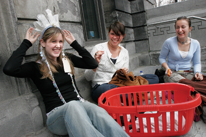 Anatomy and Cell biology student Leah Pelton samples some of the fruits of her labour as Kaija Siirala, (Cultural Studies) and Jo King (Humanistic Studies and Drama) look on.