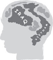 Illustration of Iraq and Vietnam occupying different areas of a person's brain