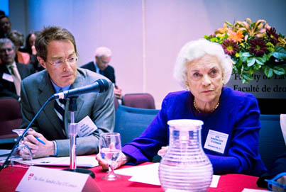 Dean Nicholas Kasirer of the Faculty of Law and former U.S. Supreme Court Justice Sandra Day O'Connor, during a question-and-answer session with first-year law students that included both the Canadian and U.S. Chief Justice.