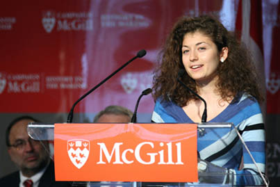 Second-year architecture student Lilia Koleva gives an impassioned speech during the launch of Campaign McGill on Oct. 18. A native of Bulgaria, Koleva praised her McGill Faculty Scholarship for allowing her to pursue her studies here and enjoy "the best experience I have ever had in my life."