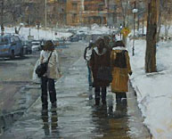 Painting of students walking on snowy campus