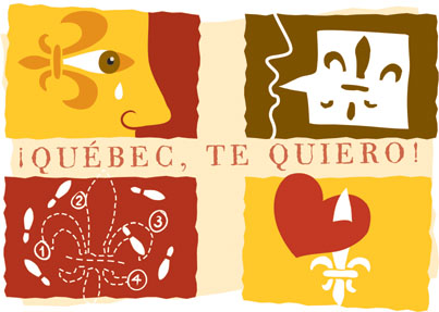 Illustration of a Quebec flag with each of the four panels representing a challenge facing immigrants