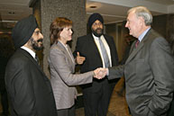 Principal Heather Munroe-Blum welcomes Prime Minister Paul Martin to the McGill-hosted Inter-Faith Conference celebrating the 400th anniversary of the compilation of the Guru Granth Sahib, the Sikh holy text, held September 19 and 20. At left Conference Chairman Harinder Ahluhia, director of the Canadian Sikh Council, centre is Manjit Singh, McGill Sikh chaplain. The conference brought together scholars, politicians and experts from a variety of faith backgrounds.Principal Heather Munroe-Blum welcomes Prime Minister Paul Martin to the McGill-hosted Inter-Faith Conference celebrating the 400th anniversary of the compilation of the Guru Granth Sahib, the Sikh holy text, held September 19 and 20.