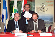 Morty Yalovsky, Vice-Principal (Administration and Finance) at the table with Quebec Minister of the Environment, M. Thomas J. Mulcair. Mulclair announced the province's gift of $187, 931 to the Gault Nature Reserve, September 20. Yalovsky said, The provincial government's official recognition of the Reserve, coupled with the opening of the Alice Johannsen Pavilion, will help preserve the mountain's dual function as a learning facility and a place for public enjoyment for present and future generations.Morty Yalovsky, Vice-Principal (Administration and Finance) at the table with Quebec Minister of the Environment, M. Thomas J. Mulcair.