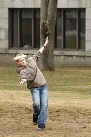 Now that classes are over and spring is here, people are gathering outside on lower campus to take advantage of the good weather. Undergraduate student Ben Scott from the Faculty of Education launches a Frisbee into the air with the greatest of ease. Let’s hope his exams go so effortlessly, too.