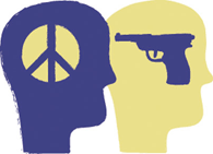 Illustration of two brains one with a peace symbol, the other with a gun