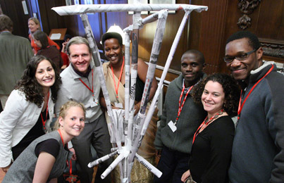 Clockwise from left: Julia Turvey (Canada), Audrey Boctor (Canada), Anton Burkov (Russia), Denyse Umutoni (Rwanda), Cyprien Ntahomvukiye (Burundi), Sarah Meyer(Australia), and Dan Juma (Kenya), at McGill for the International Young Leaders Forum in conjunction with the Global Conference on the Prevention of Genocide, enjoy a team-building exercise before getting down to business.